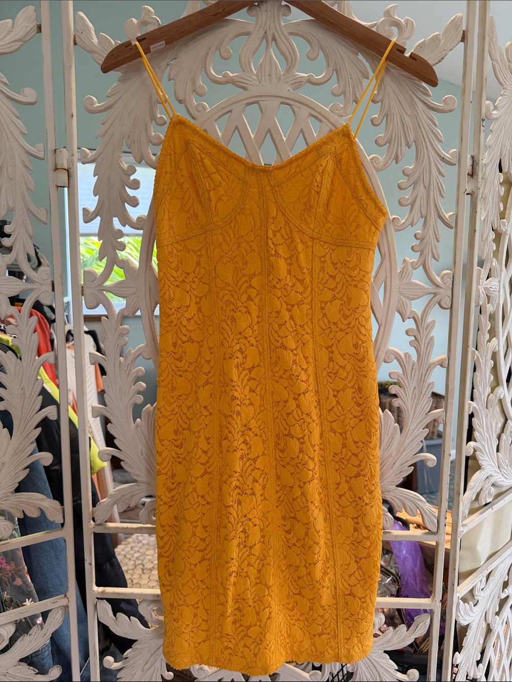Free People Mustard Yellow Lace Midi Slip Dress